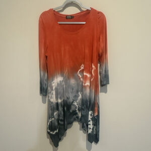 Art of cloth Tie Dye Orange Gray White Knit 3/4 Sleeve Tunic Top, Medium